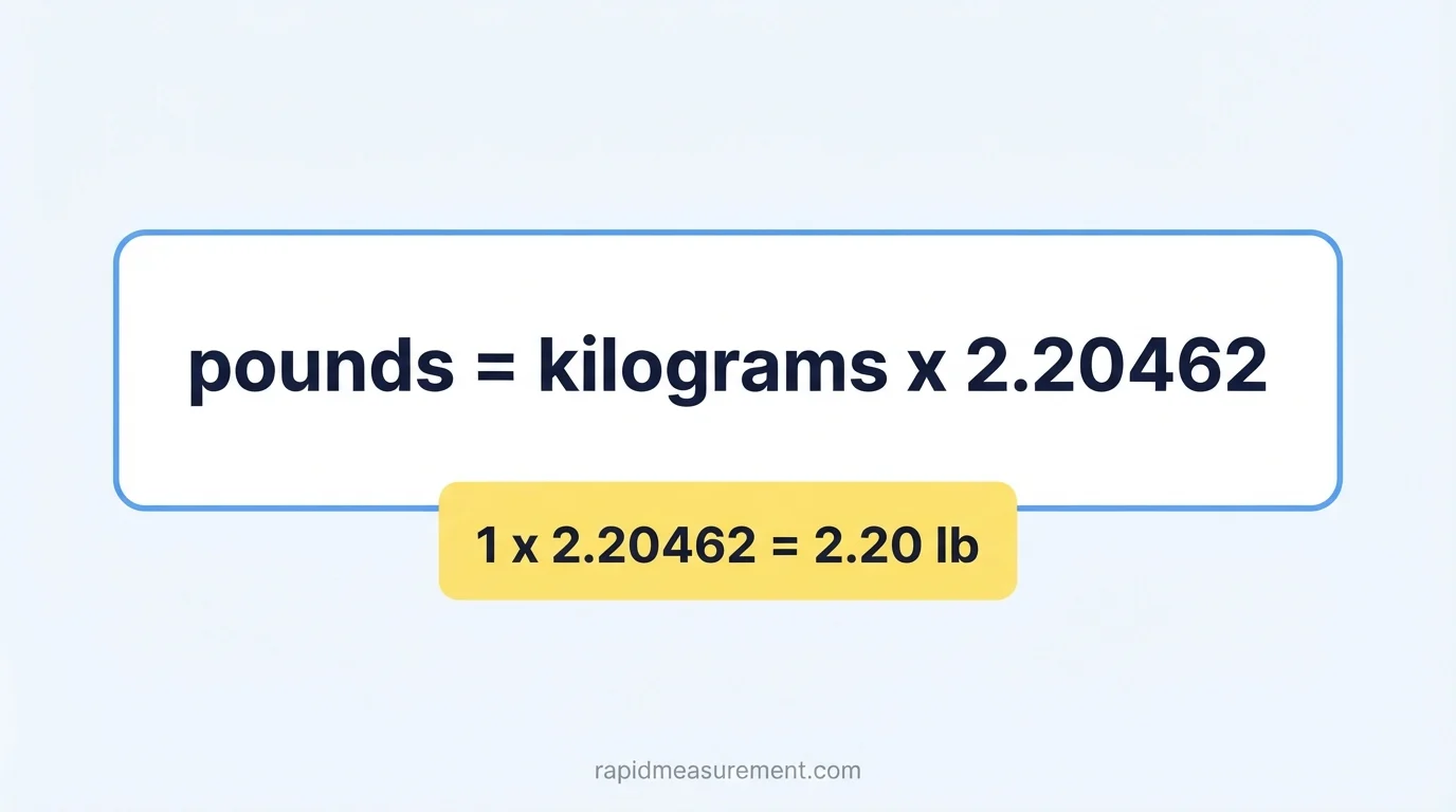 1 kg to lbs formula: pounds = kilograms × 2.20462 - example 1 × 2.20462 = 2.20 lb 1 kg to lbs formula: pounds = kilograms × 2.20462 - example 1 × 2.20462 = 2.20 lb