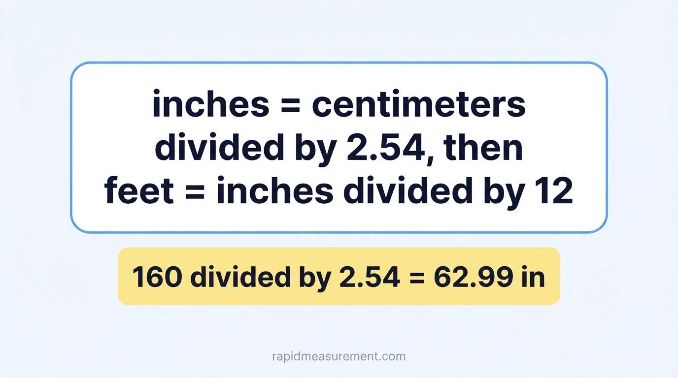 160 cm to feet formula: inches = centimeters ÷ 2.54, then feet = inches ÷ 12 - example 160 ÷ 2.54 = 62.99 in 160 cm to feet formula: inches = centimeters ÷ 2.54, then feet = inches ÷ 12 - example 160 ÷ 2.54 = 62.99 in