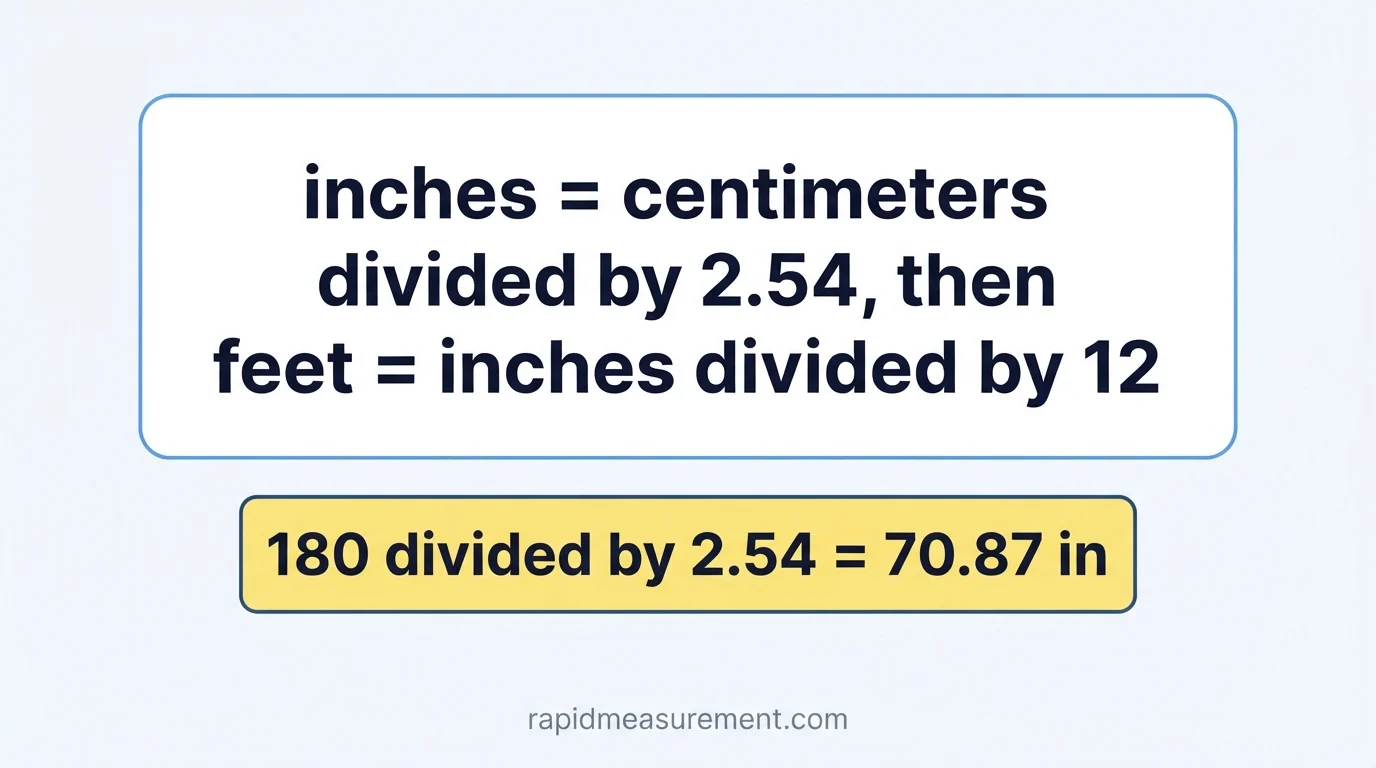 180 cm to feet formula: inches = centimeters ÷ 2.54, then feet = inches ÷ 12 - example 180 ÷ 2.54 = 70.87 in 180 cm to feet formula: inches = centimeters ÷ 2.54, then feet = inches ÷ 12 - example 180 ÷ 2.54 = 70.87 in