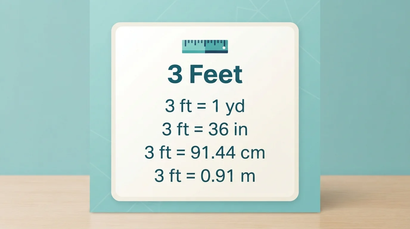 Card showing 3 ft equals 1 yd equals 36 in equals 0.91 m