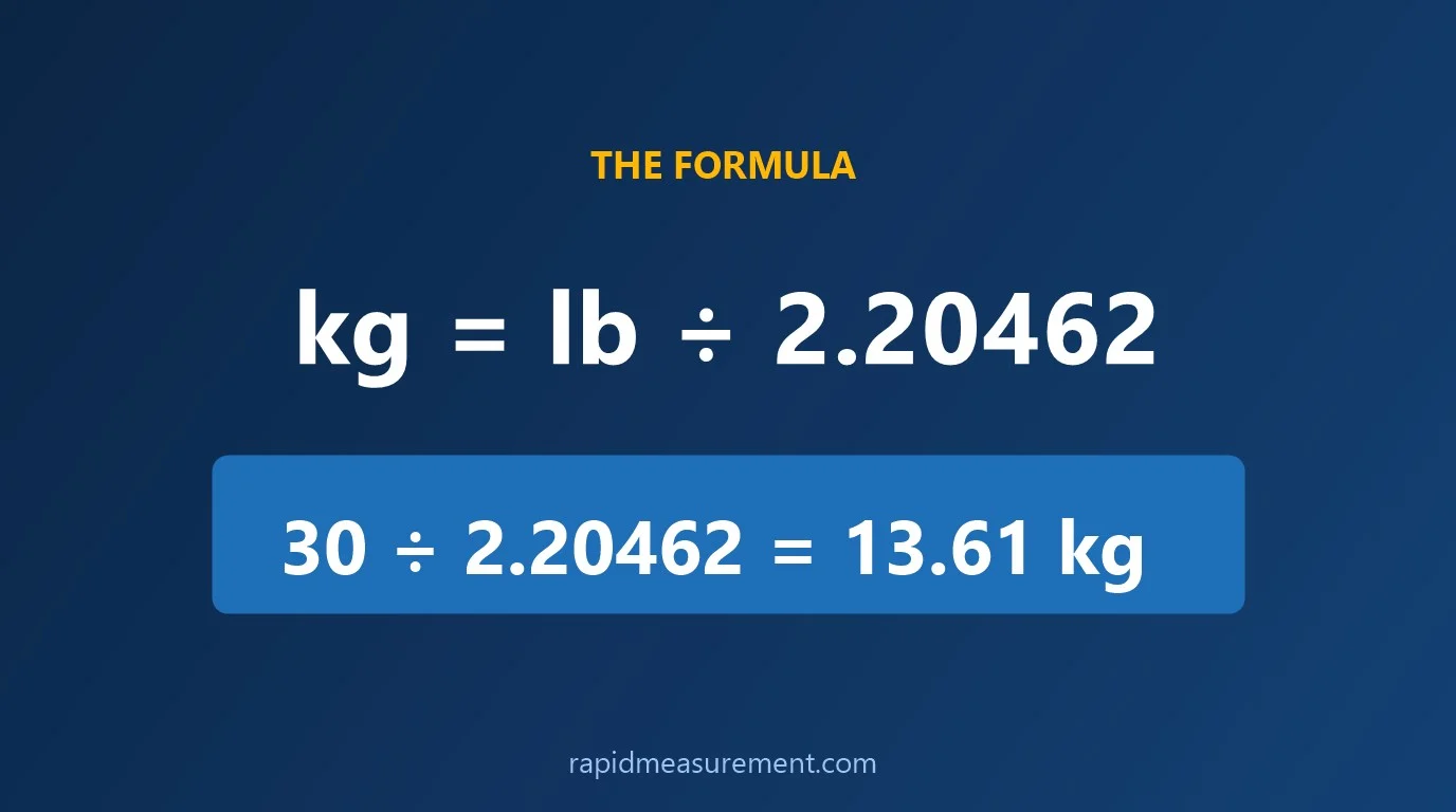 30 lbs to kg formula: kg = lb ÷ 2.20462 - example 30 ÷ 2.20462 = 13.61 kg