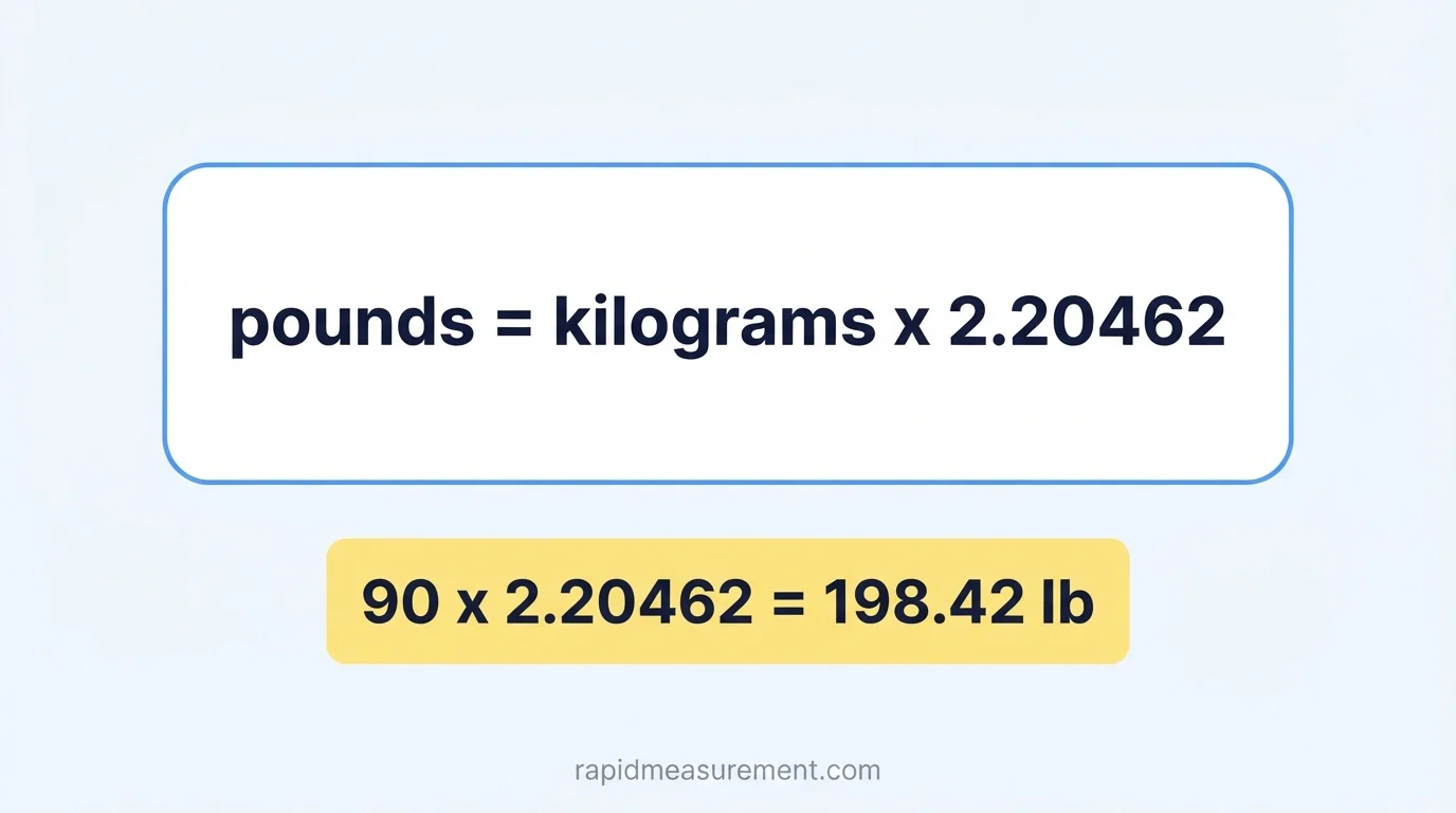 90 kg to lbs formula: pounds = kilograms × 2.20462 - example 90 × 2.20462 = 198.42 lb