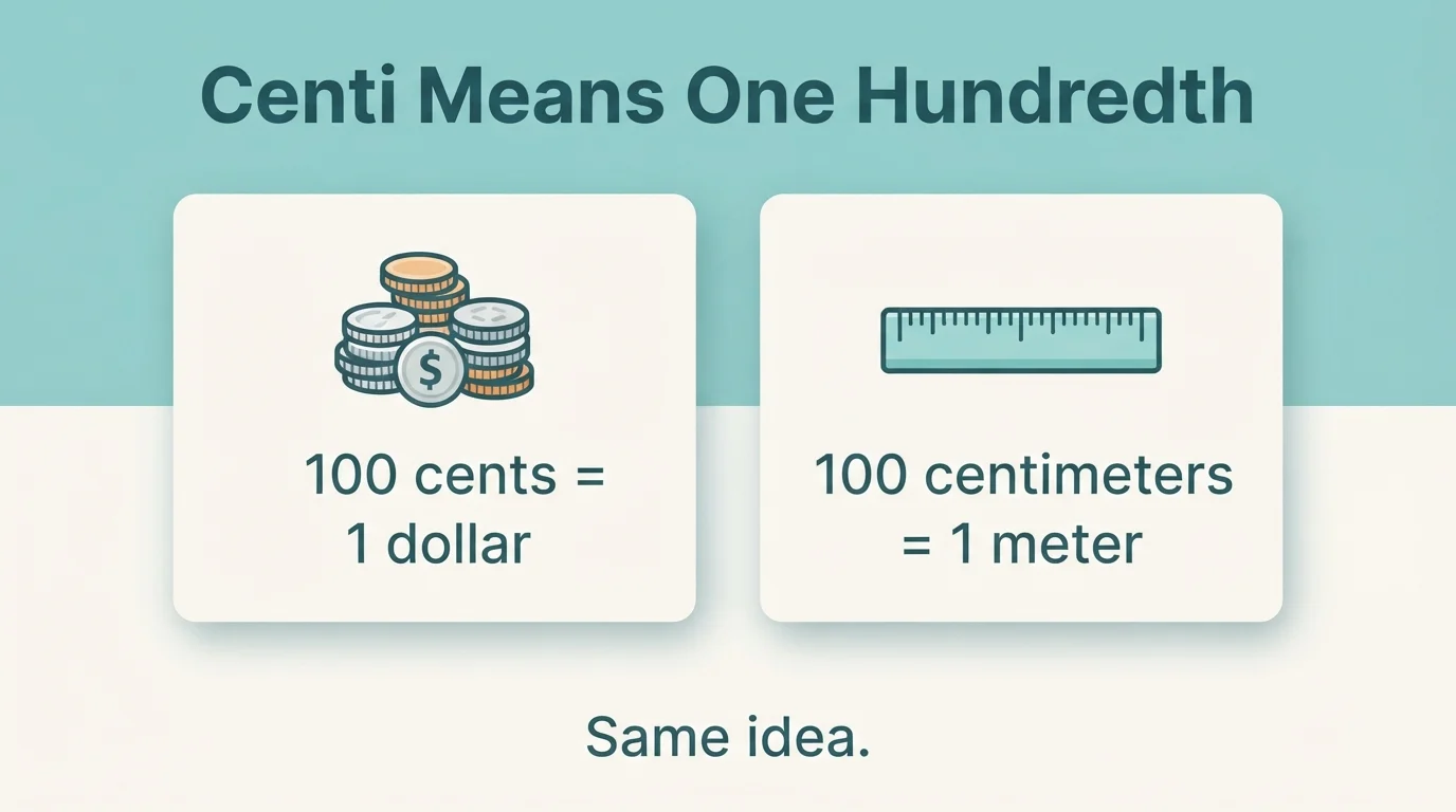 Analogy graphic: 100 cents make a dollar and 100 centimeters make a meter Analogy graphic: 100 cents make a dollar and 100 centimeters make a meter