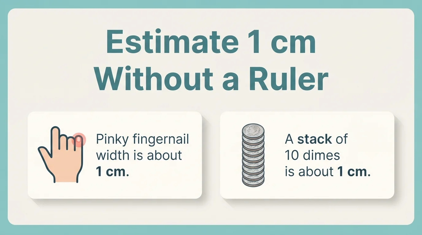Tips for estimating 1 cm: pinky fingernail width and a stack of ten dimes Tips for estimating 1 cm: pinky fingernail width and a stack of ten dimes