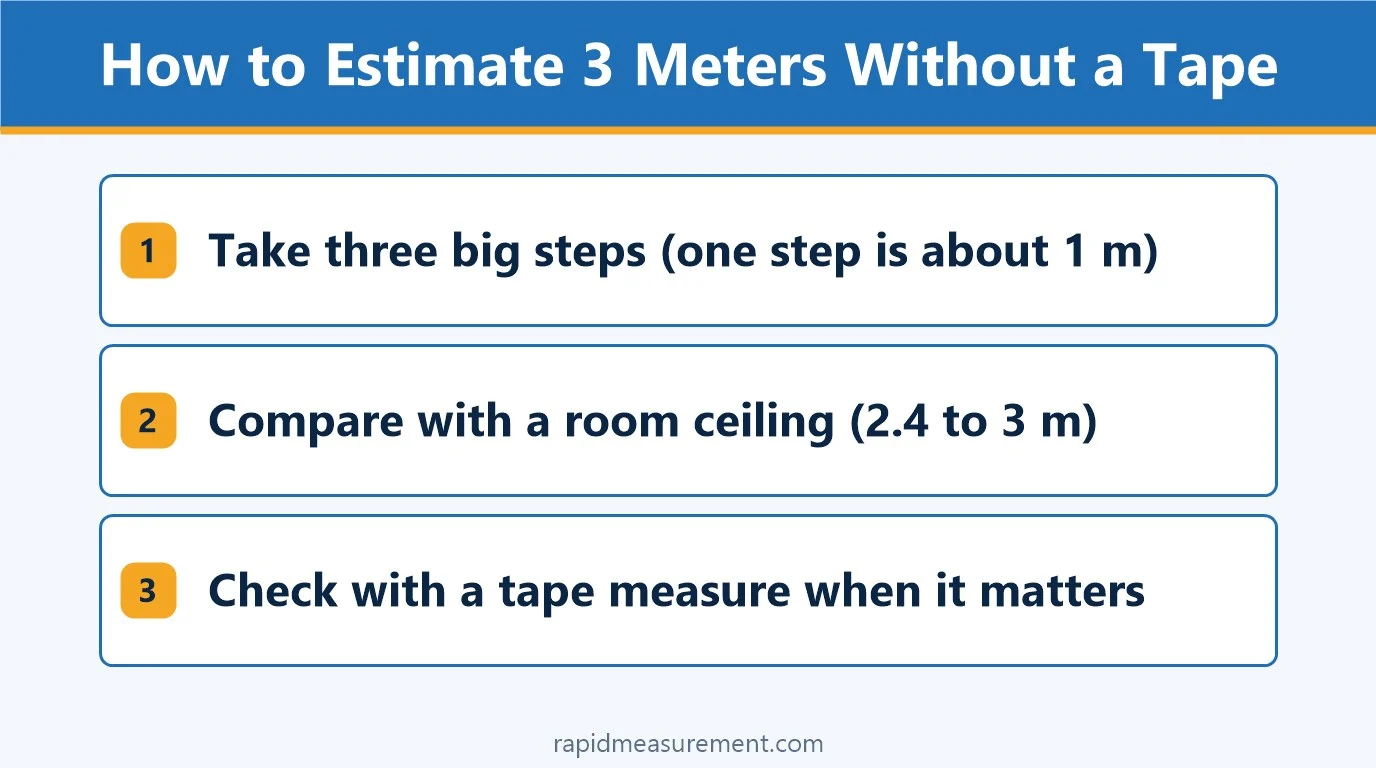 How to Estimate 3 Meters Without a Tape: Take three big steps (one step is about 1 m); Compare with a room ceiling (2.4 to 3 m); Check with a tape measure when it matters How to Estimate 3 Meters Without a Tape: Take three big steps (one step is about 1 m); Compare with a room ceiling (2.4 to 3 m); Check with a tape measure when it matters
