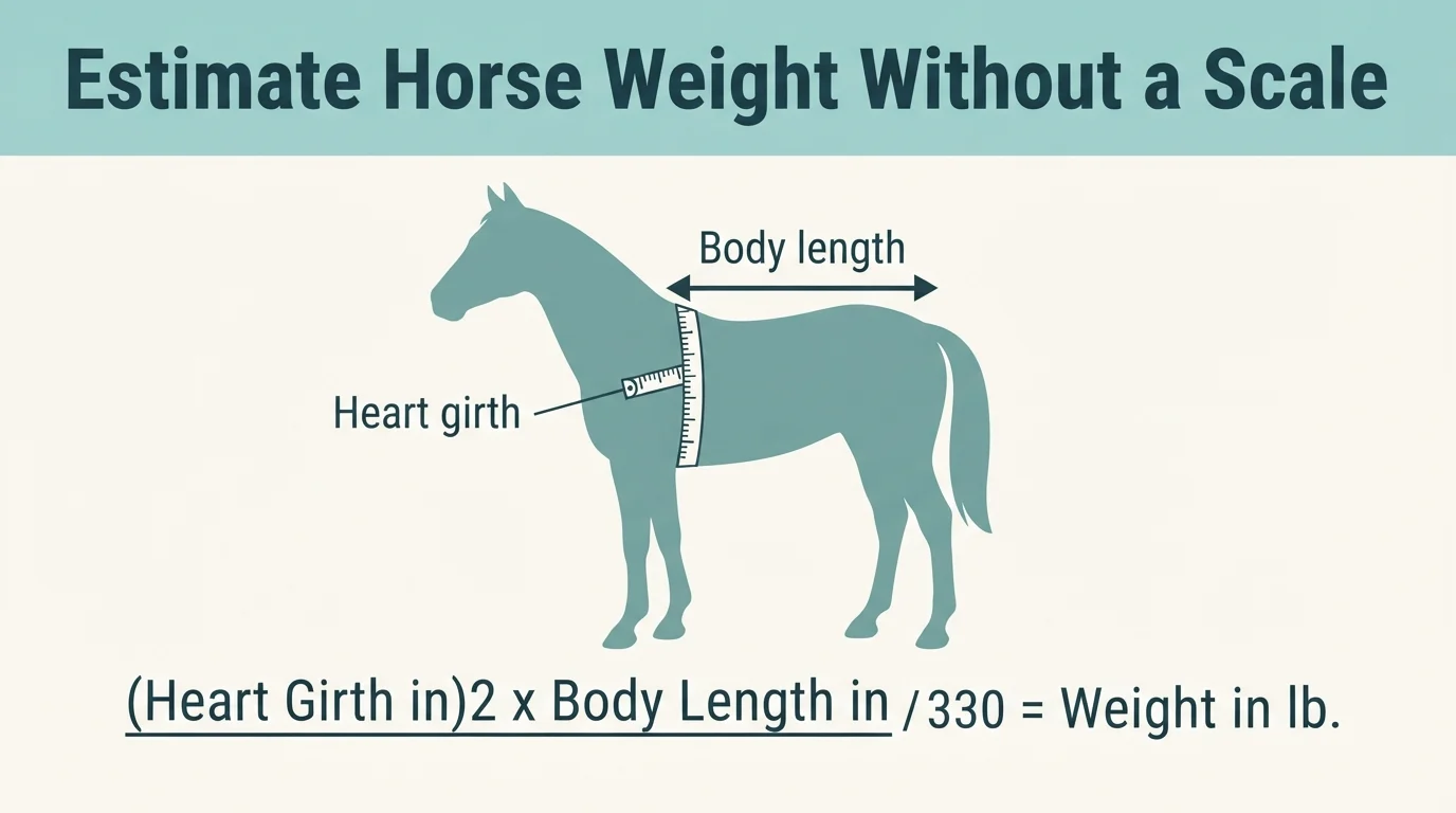 Diagram of a horse showing heart girth and body length with the weight tape formula heart girth squared times body length divided by 330
