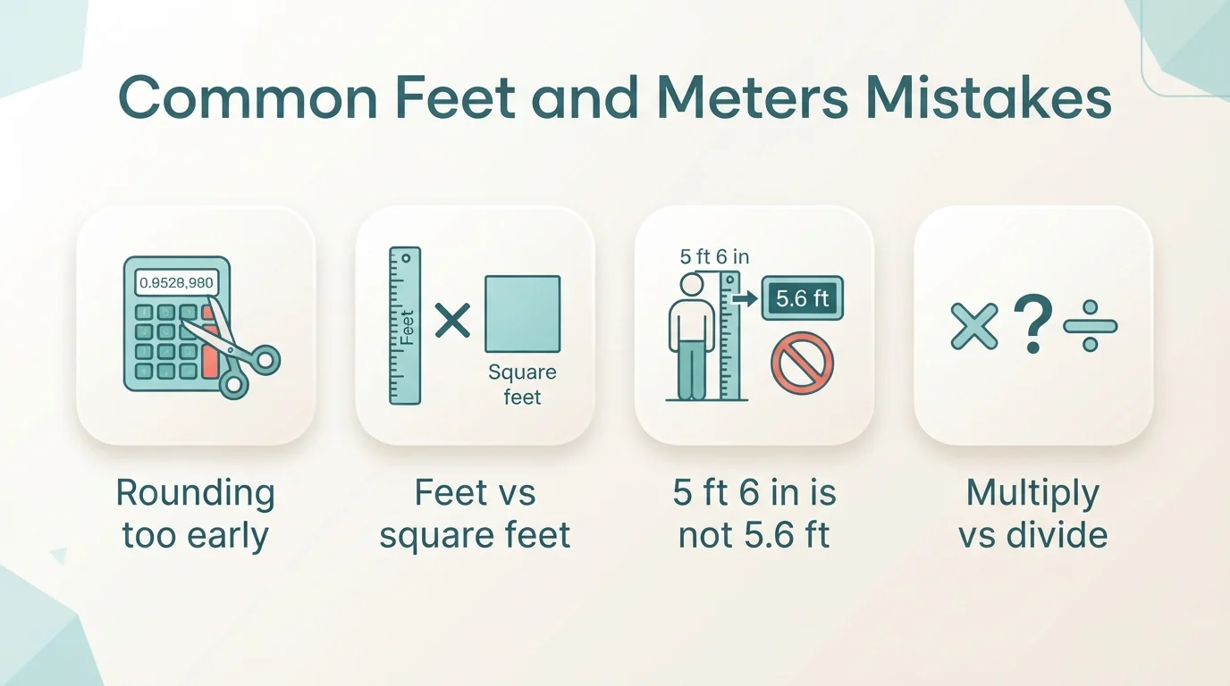 Four icon cards of common mistakes when converting feet and meters