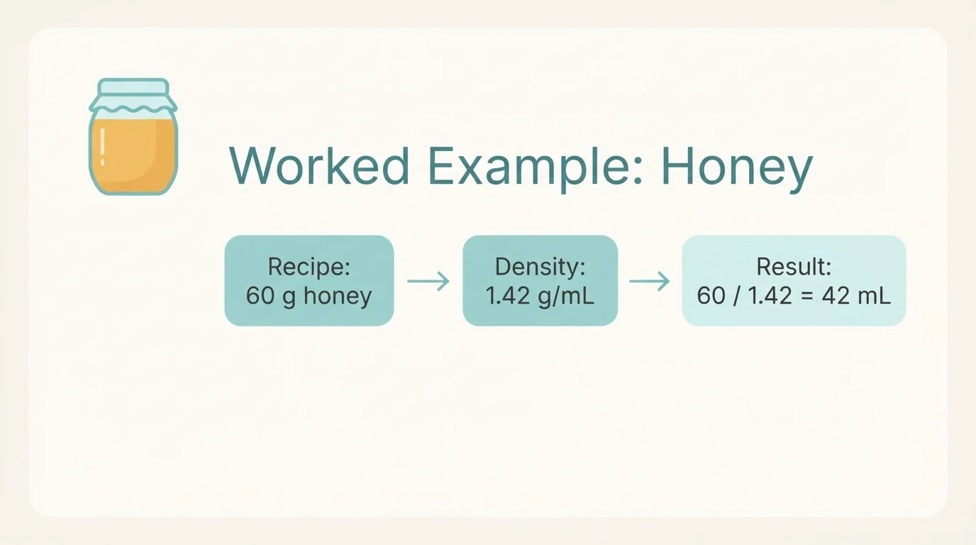 Worked example converting 60 g of honey with density 1.42 g/mL to about 42 mL