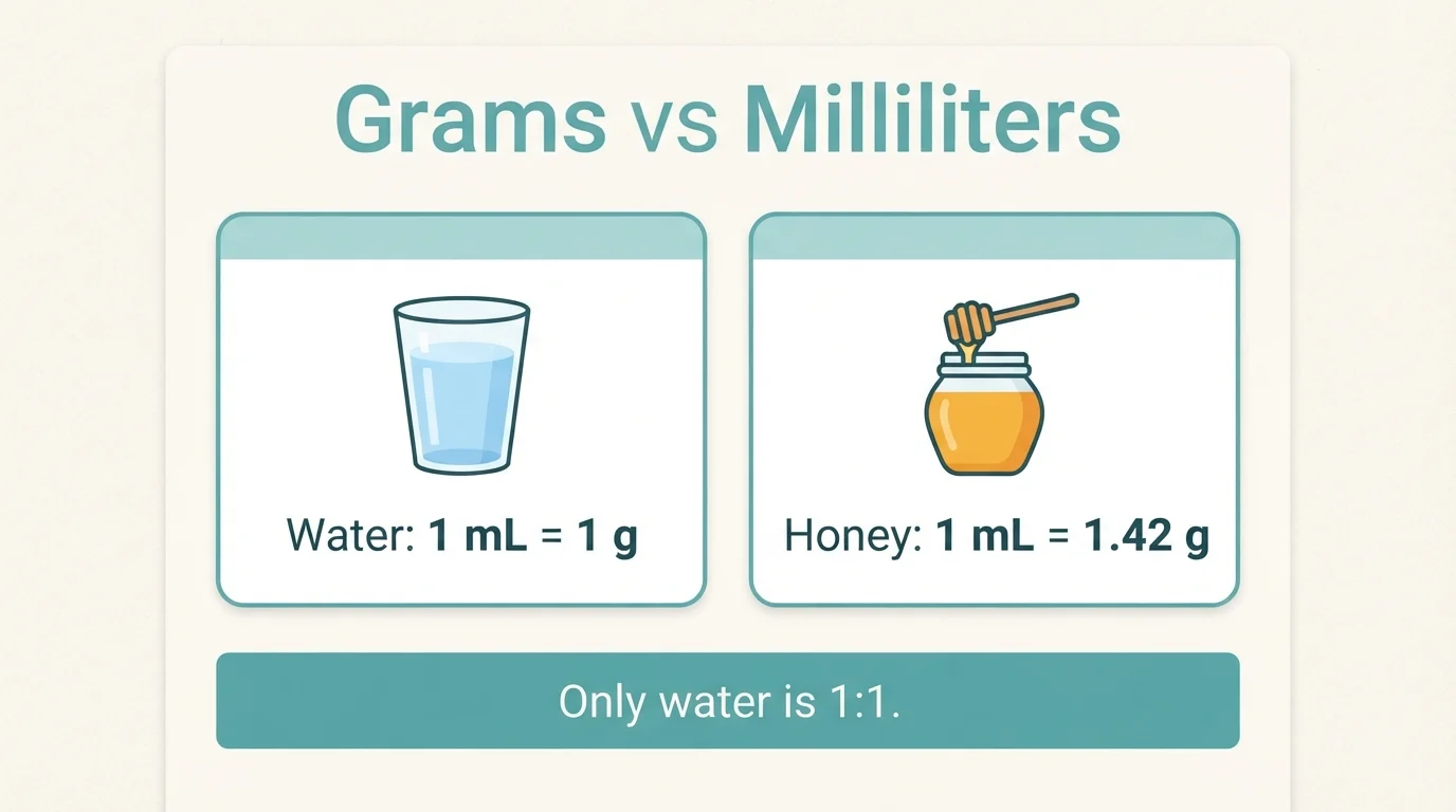 Comparison of water where 1 mL equals 1 g and honey where 1 mL equals 1.42 g, showing only water is 1:1