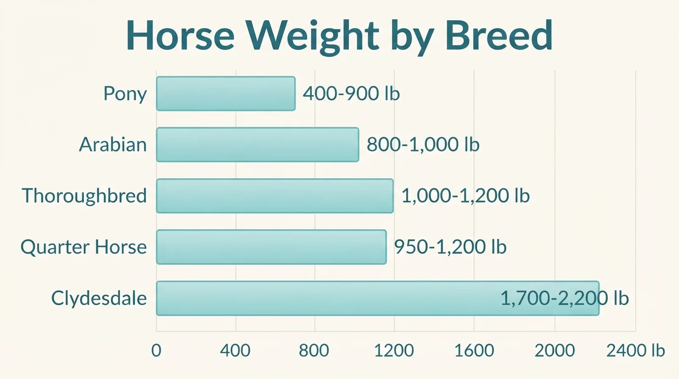 Bar chart of horse weight by breed from pony 400-900 lb to Clydesdale 1,700-2,200 lb