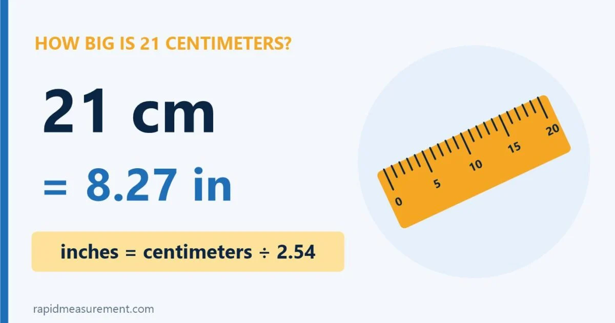 how big is 21 centimeters: 21 cm = 8.27 in