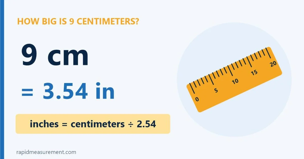 how big is 9 centimeters: 9 cm = 3.54 in