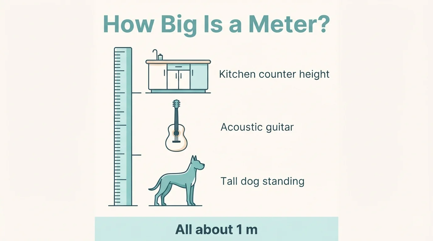 Meter stick beside a kitchen counter, a guitar and a tall dog to show about 1 meter Meter stick beside a kitchen counter, a guitar and a tall dog to show about 1 meter