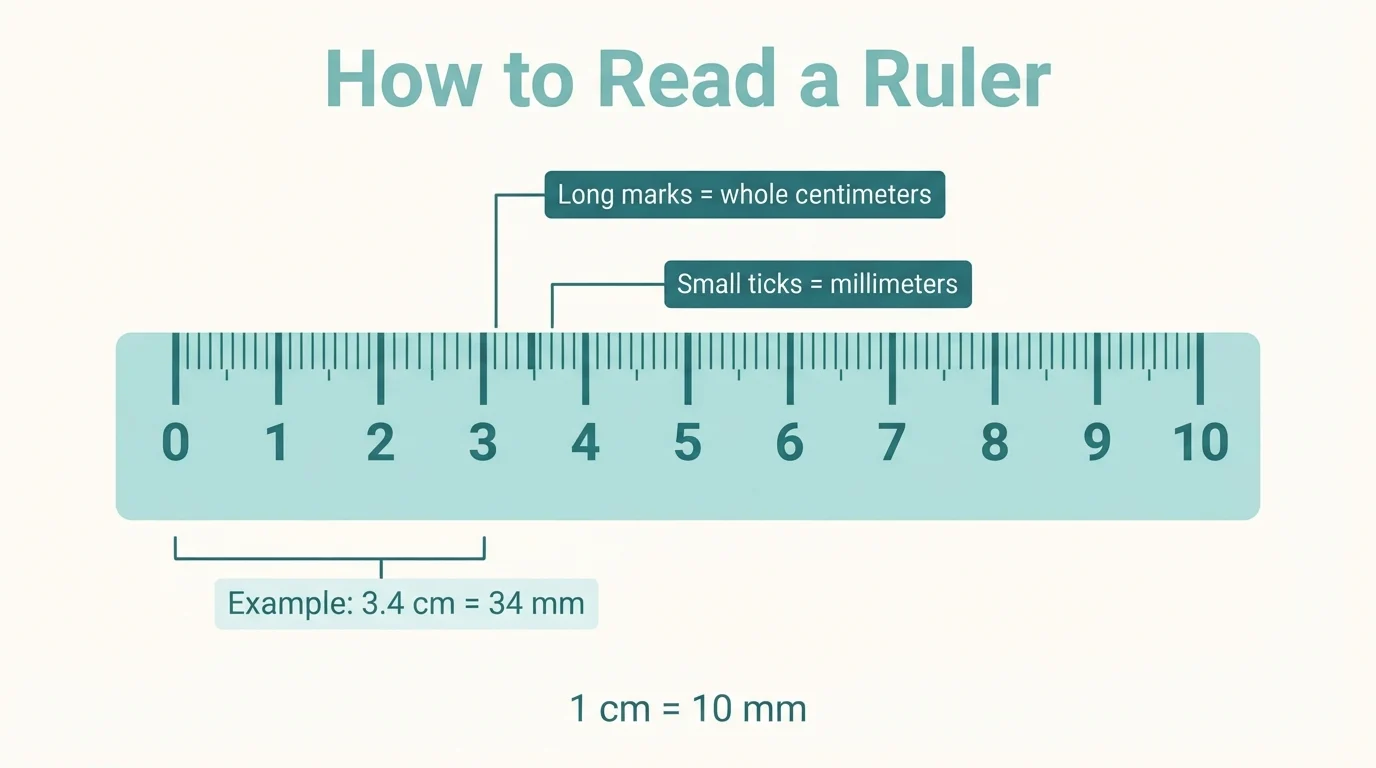 Diagram of reading a ruler: whole centimeter marks and small millimeter ticks with 3.4 cm equal to 34 mm