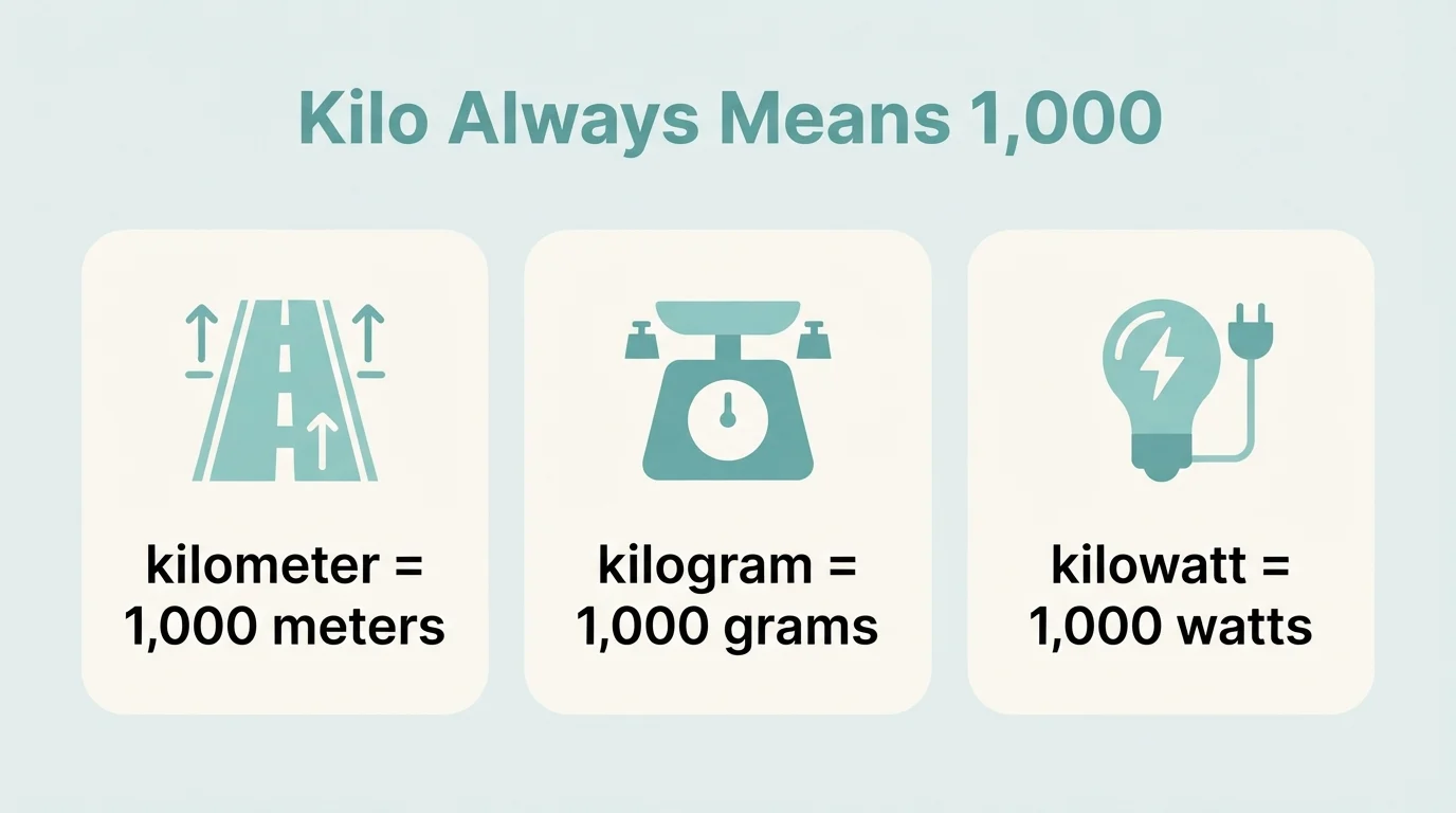 Cards showing kilo means 1,000 for kilometer, kilogram and kilowatt