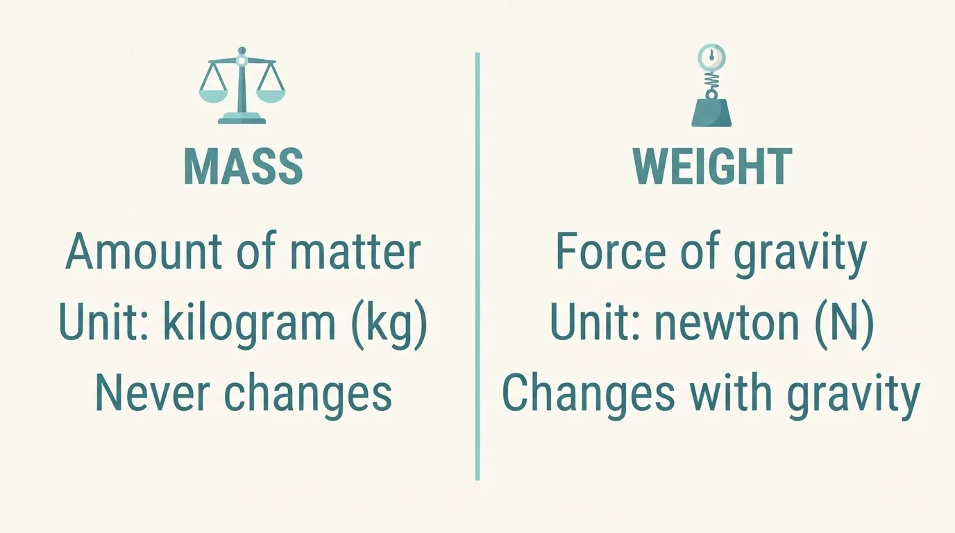 Comparison card of mass versus weight: amount of matter in kilograms that never changes versus force of gravity in newtons that changes with gravity Comparison card of mass versus weight: amount of matter in kilograms that never changes versus force of gravity in newtons that changes with gravity