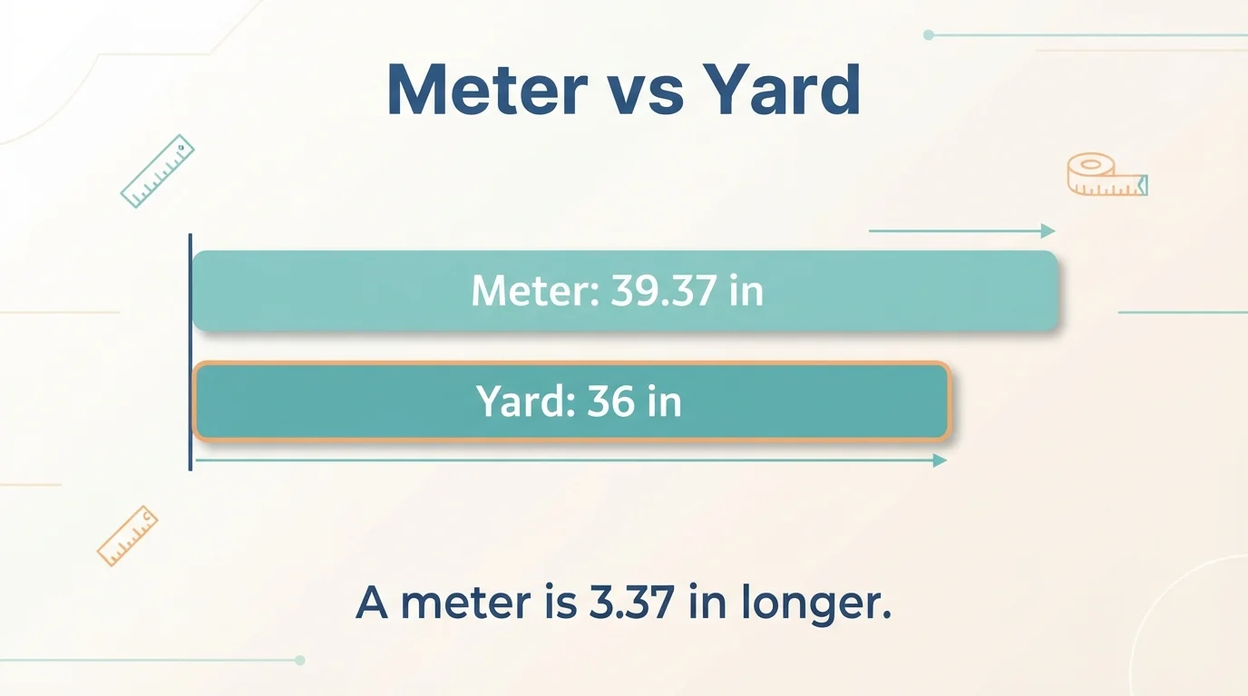 Comparison of a meter at 39.37 inches versus a yard at 36 inches with a 3.37 inch difference Comparison of a meter at 39.37 inches versus a yard at 36 inches with a 3.37 inch difference
