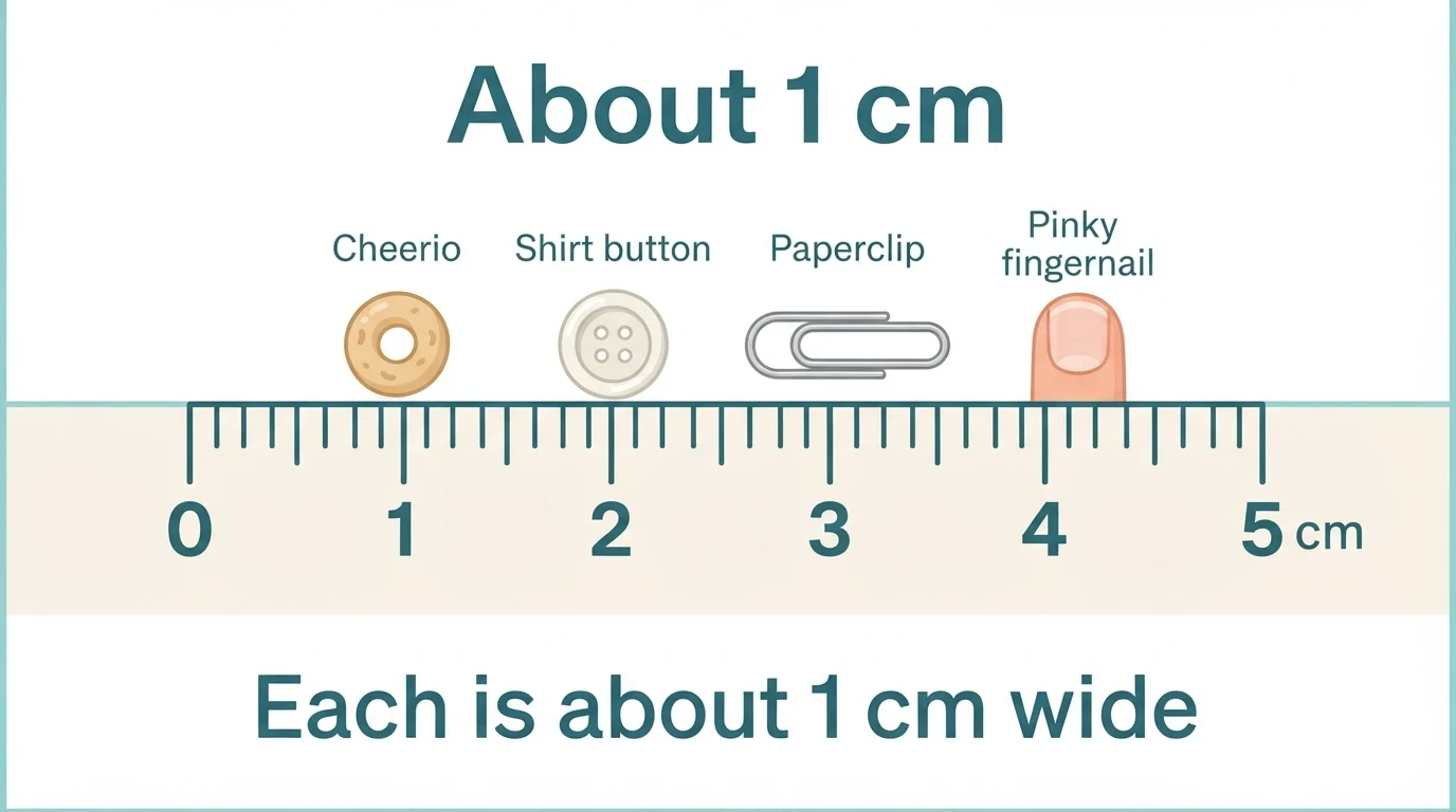 Ruler beside a cereal ring, shirt button, paperclip and pinky fingernail each about 1 cm Ruler beside a cereal ring, shirt button, paperclip and pinky fingernail each about 1 cm