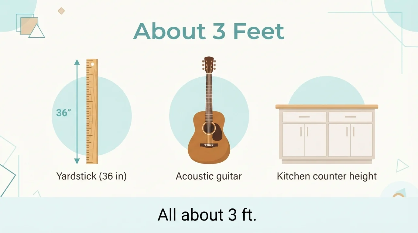 Yardstick, an acoustic guitar and a kitchen counter each about 3 feet