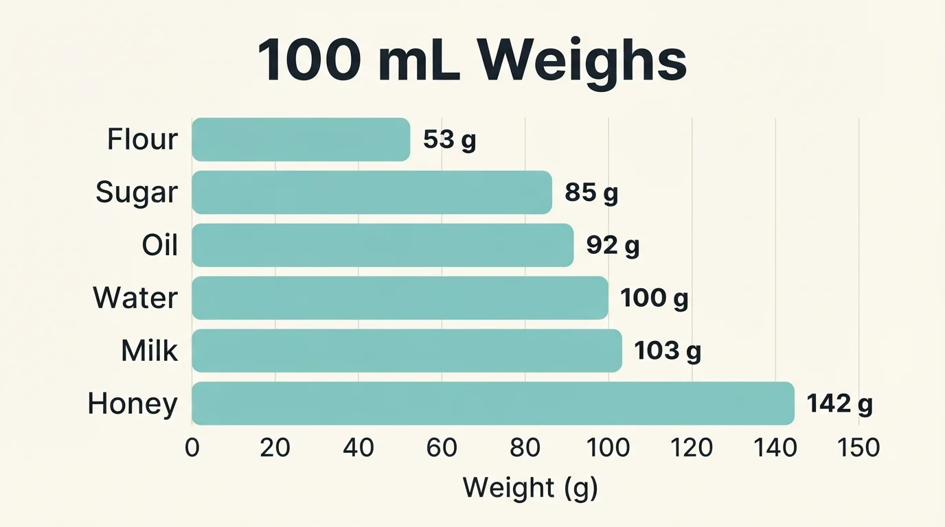 Bar chart showing what 100 mL weighs: flour 53 g, sugar 85 g, oil 92 g, water 100 g, milk 103 g, honey 142 g