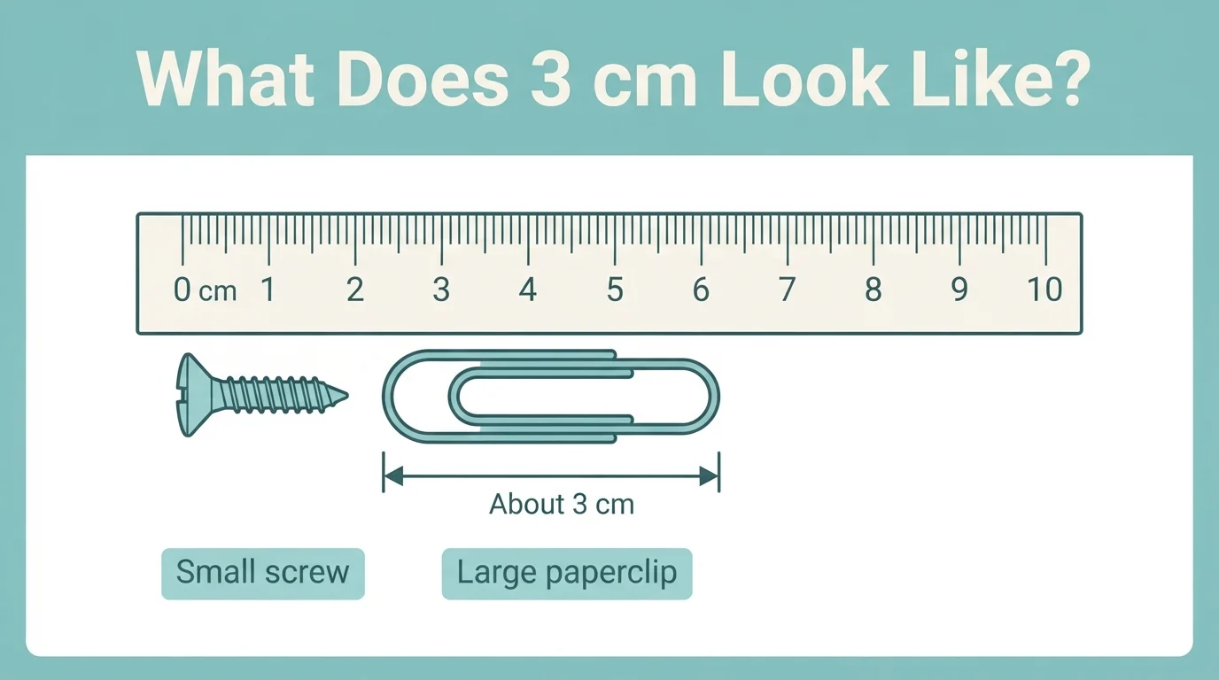 Ruler beside a small screw and a large paperclip showing about how long 3 cm is Ruler beside a small screw and a large paperclip showing about how long 3 cm is