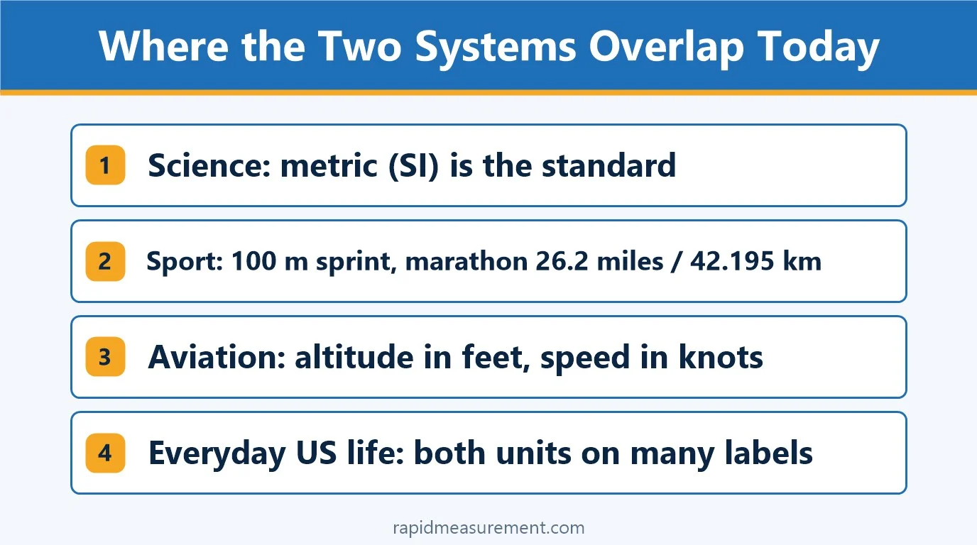 Where the Two Systems Overlap Today: Science: metric (SI) is the standard; Sport: 100 m sprint, marathon 26.2 miles / 42.195 km; Aviation: altitude in feet, speed in knots; Everyday US life: both units on many labels