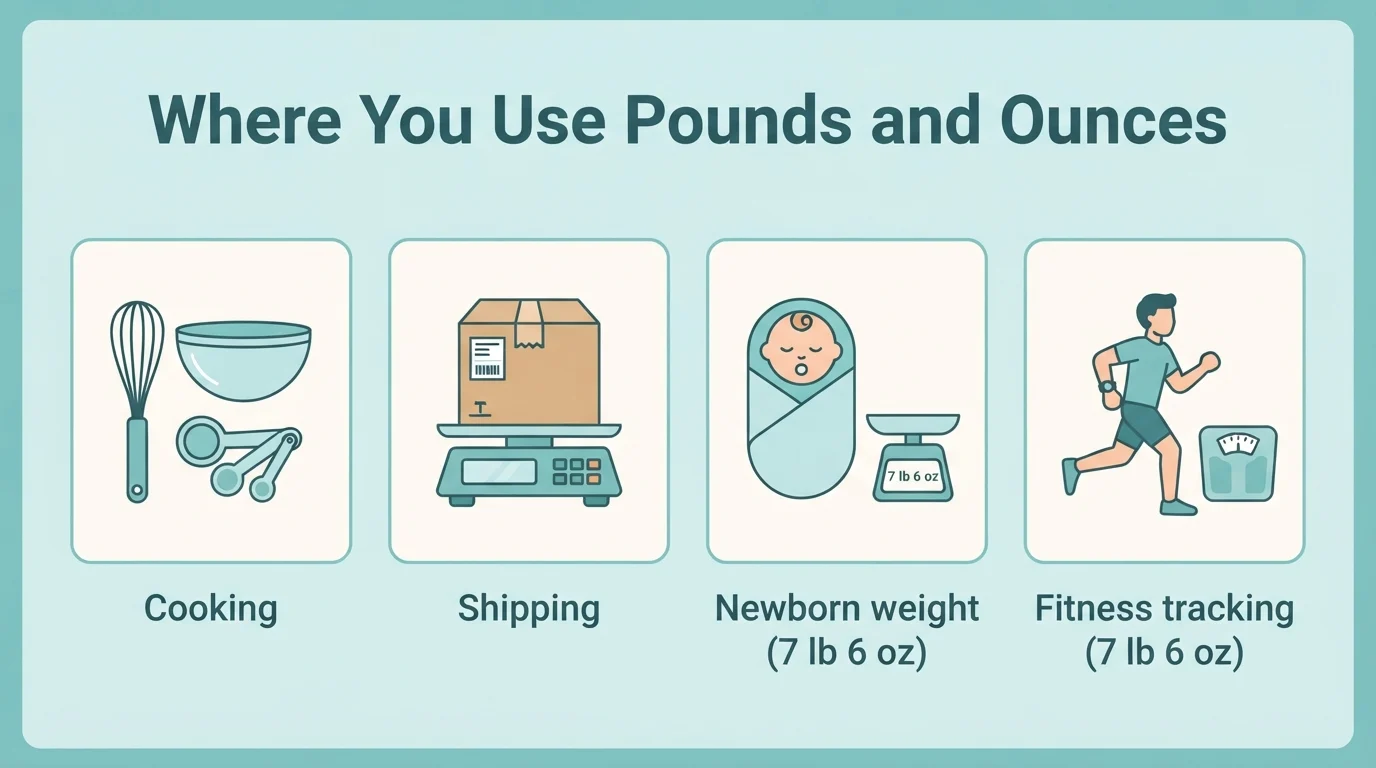 Infographic of where pounds and ounces are used: cooking, shipping, newborn weight and fitness tracking Infographic of where pounds and ounces are used: cooking, shipping, newborn weight and fitness tracking